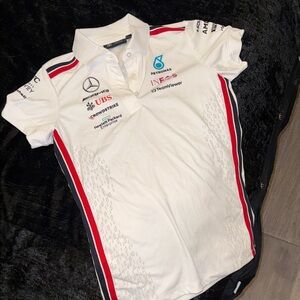 MERCEDES F1 White Polo Shirt with Red and Black Stripes